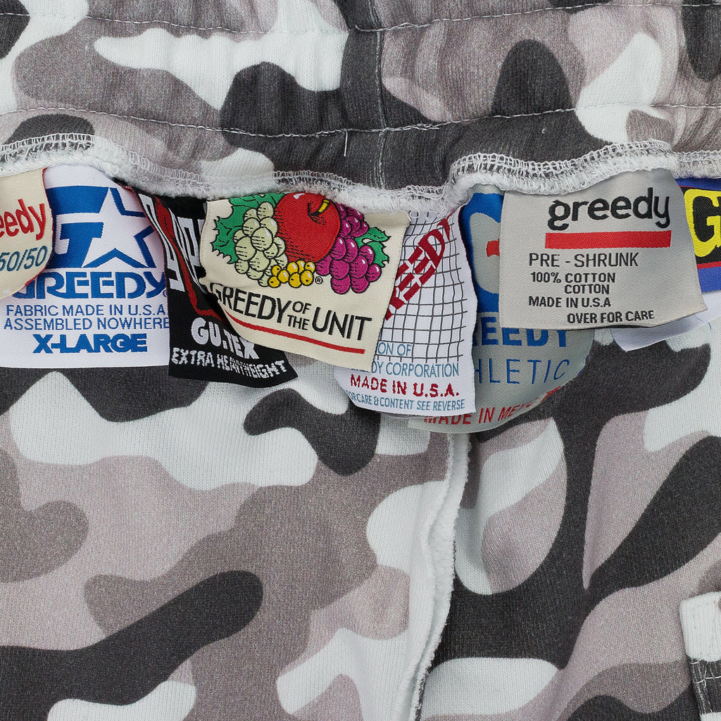 GREEDY UNIT x MURD333R.FM WHITE CAMO SWEATSHORTS