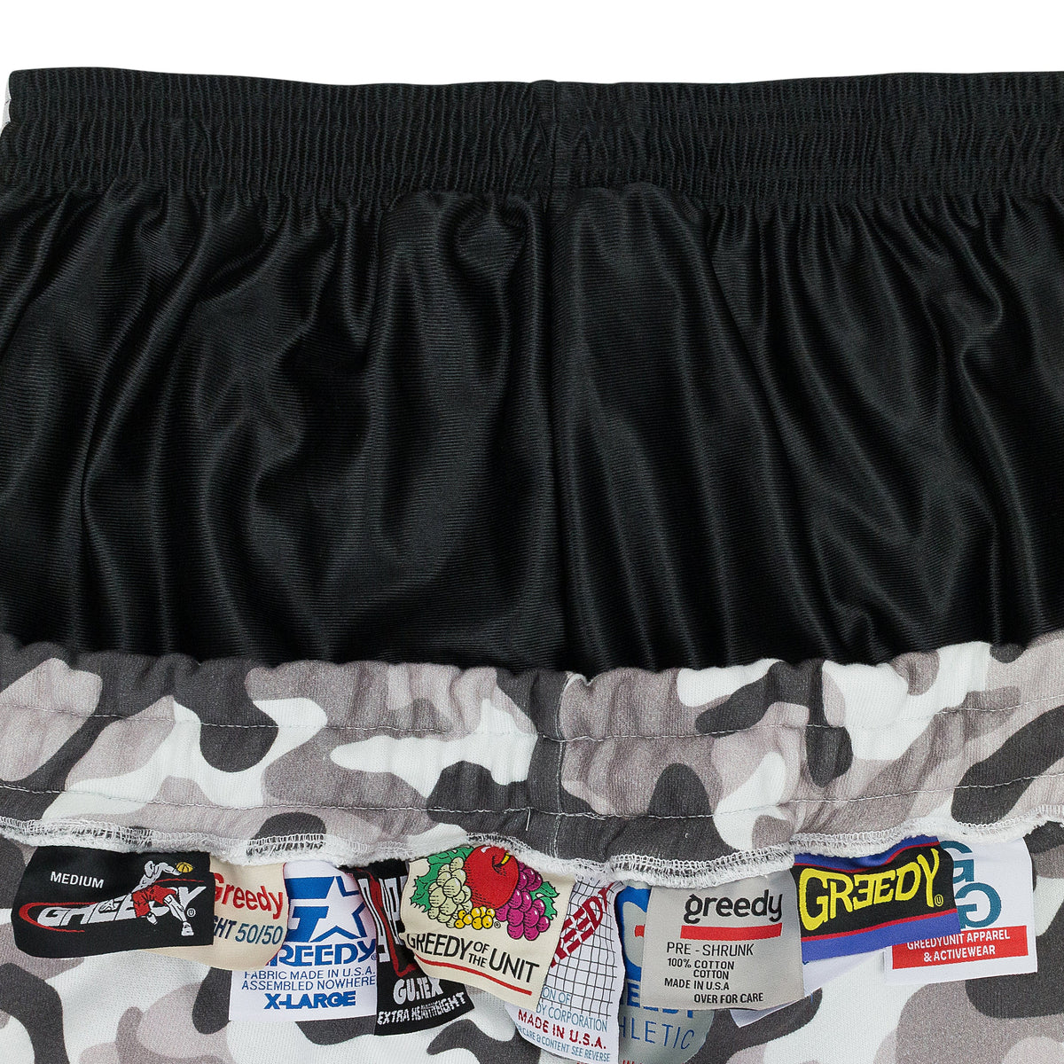 GREEDY UNIT x MURD333R.FM WHITE CAMO SWEATSHORTS