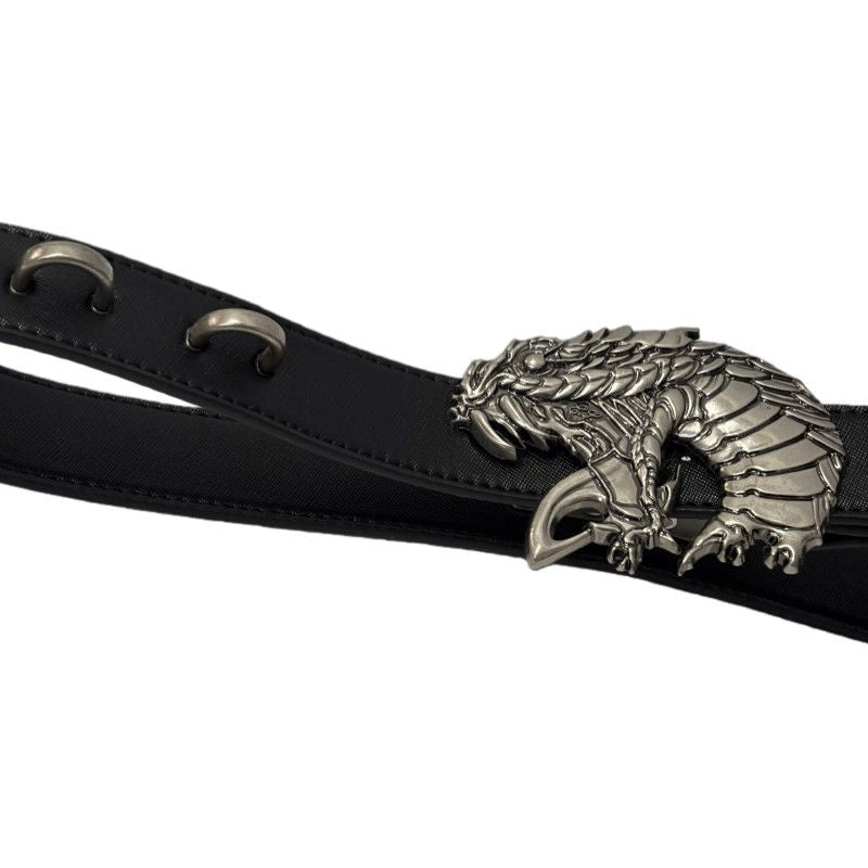 3D Dragon Scale Leather Belt Antique Silver Sculpted Buckle Waist Belt