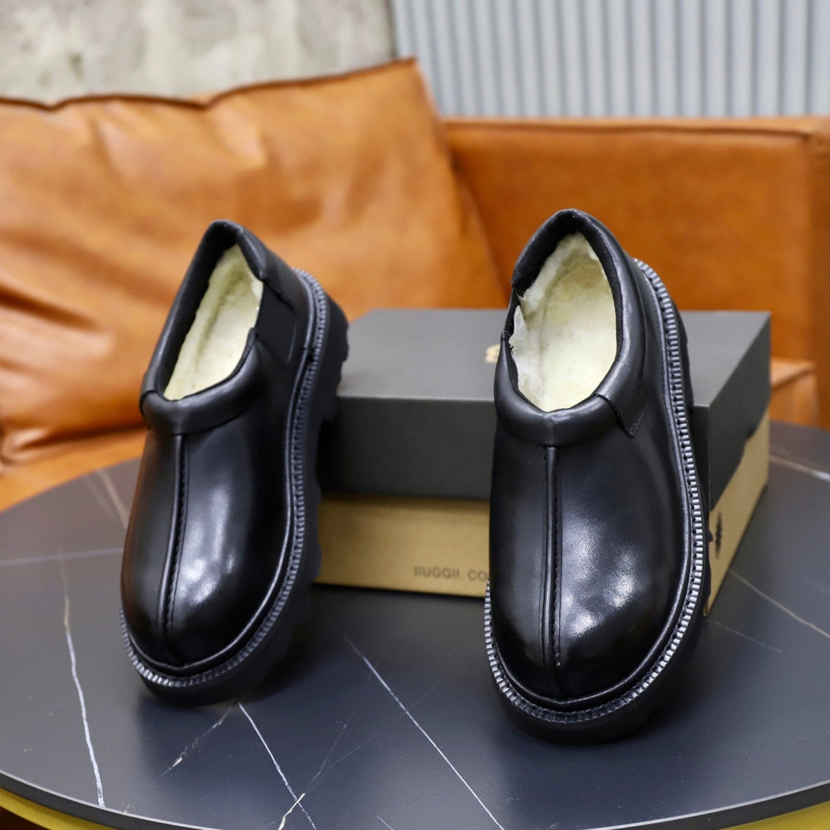 UGG Black Leather Slip-On Casual Shoes