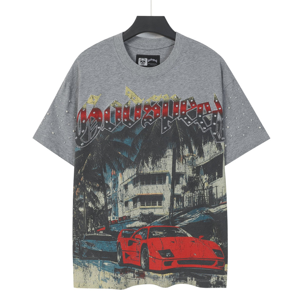 Godspeed Car & Building Graphic Studded-Sleeve T-Shirt