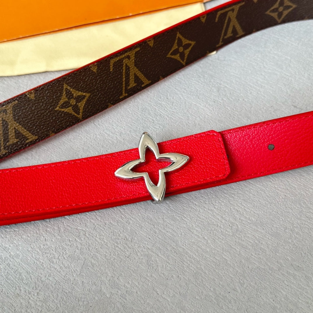 LOUIS VUITTON LV  MINI FLOWERGRAM 30MM REVERSIBLE BELT IN CHERRY RED CALFSKIN SILVER HARDWARE