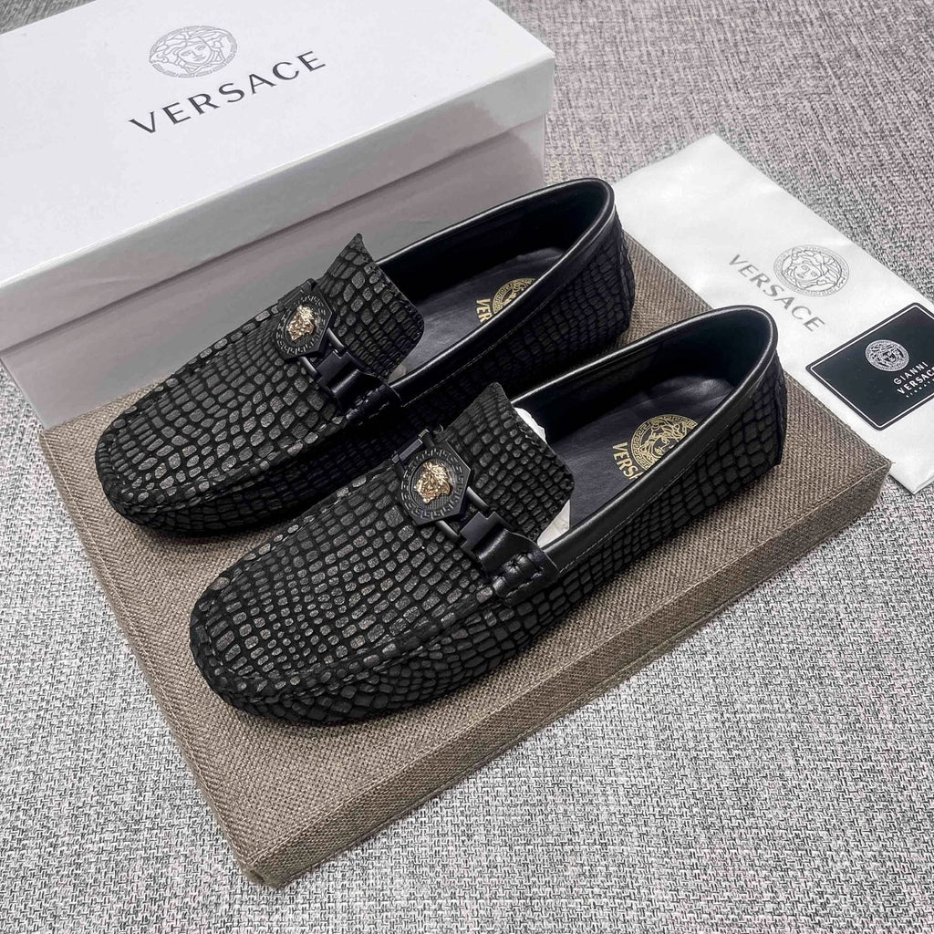 Versace Black Textured Driving Loafers